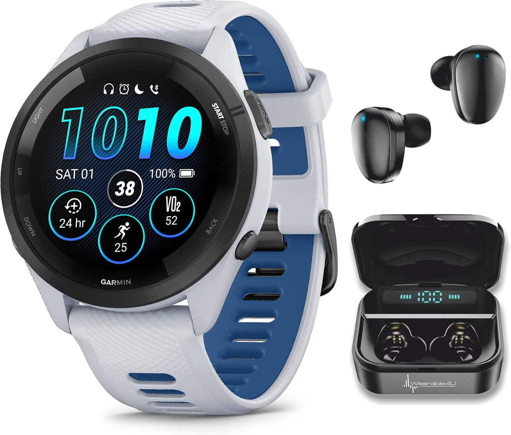 Garmin Forerunner 265 Music GPS Running 46 mm Smartwatch, Whitestone with AMOLED 1.3 in Touchscreen Display Black Earbuds Bundle, White +Blk EarBuds