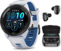 Garmin Forerunner 265 Music GPS Running 46 mm Smartwatch, Whitestone with AMOLED 1.3 in Touchscreen Display Black Earbuds Bundle, White +Blk EarBuds