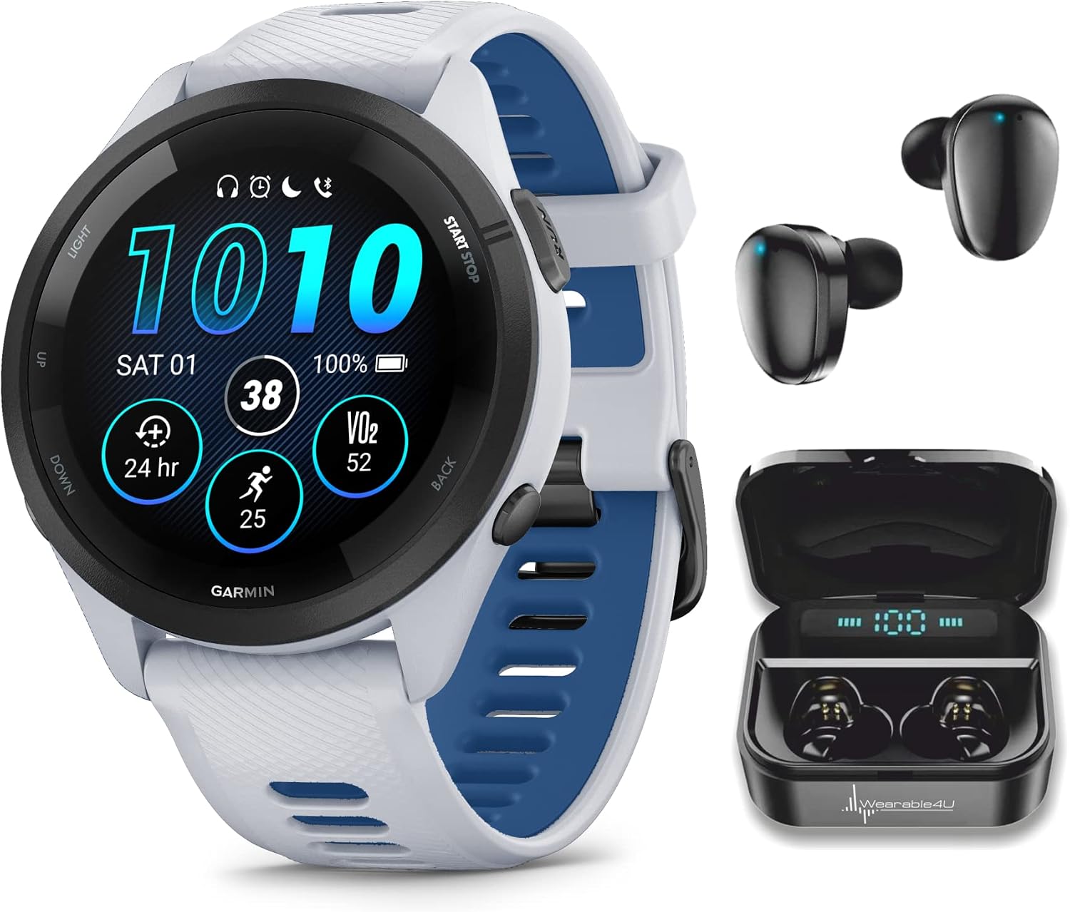 Garmin Forerunner 265 Music GPS Running 46 mm Smartwatch, Whitestone with AMOLED 1.3 in Touchscreen Display Black Earbuds Bundle, White +Blk EarBuds