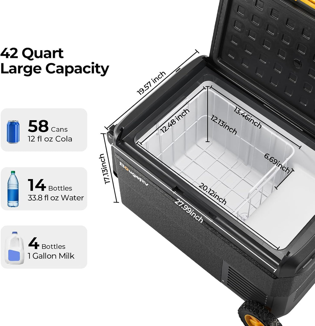 BougeRV 12 Volt Car Refrigerator, CRS 42 Quart Portable Fridge Freezer with APP Control, -4℉ to 68℉ Compressor Electric Cooler with Wheels 12/24V DC 110~240 Volt AC for Truck Van RV Camping Road Trip