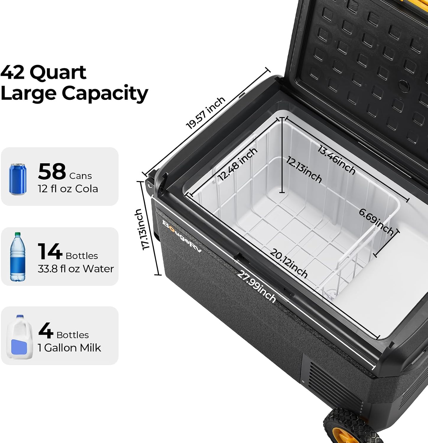 BougeRV 12 Volt Car Refrigerator, CRS 42 Quart Portable Fridge Freezer with APP Control, -4℉ to 68℉ Compressor Electric Cooler with Wheels 12/24V DC 110~240 Volt AC for Truck Van RV Camping Road Trip