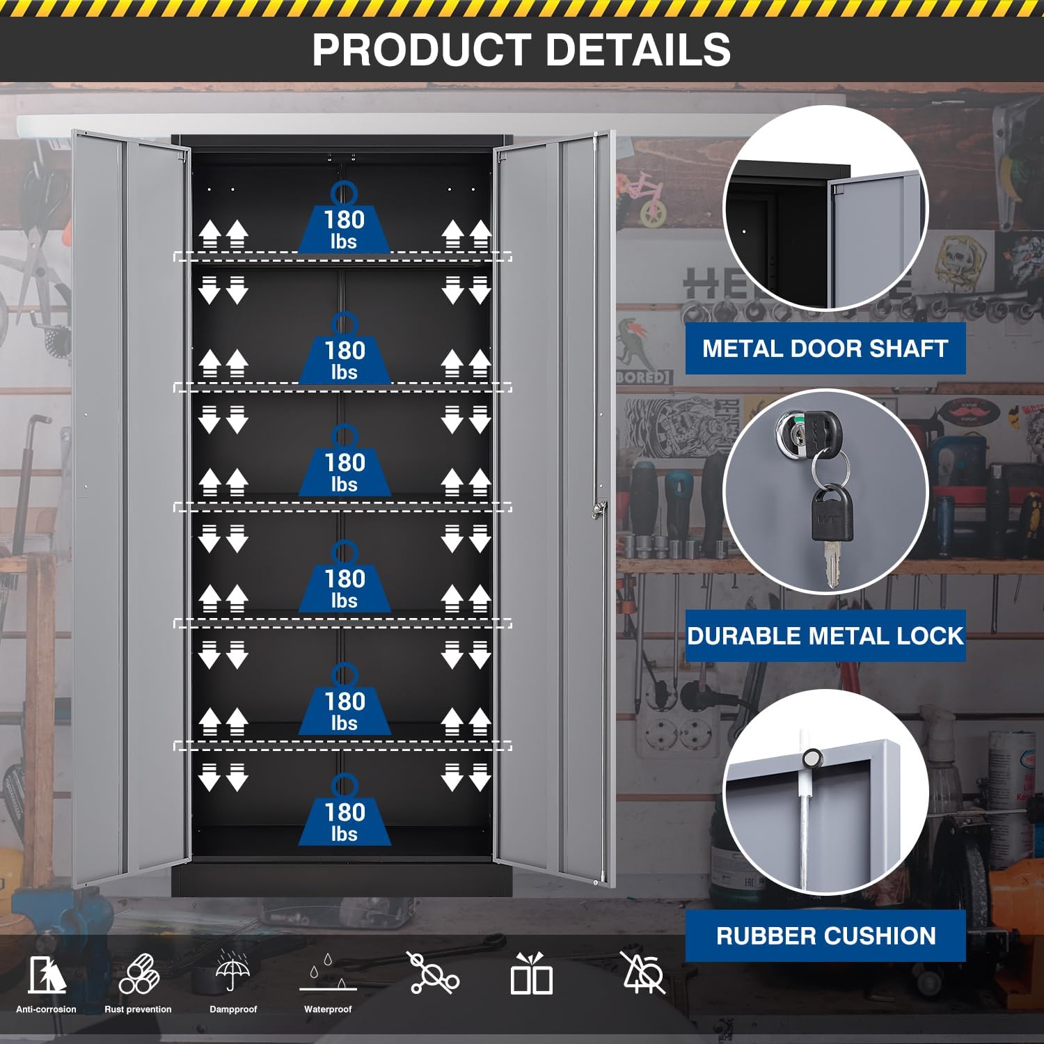 Fesbos Metal Storage Cabinet-72' Tall Steel File Cabinets with Lockable Doors and 5 Adjustable Shelves-Black&Gray Steel Storage Cabinet for Home, School, Office, Garage