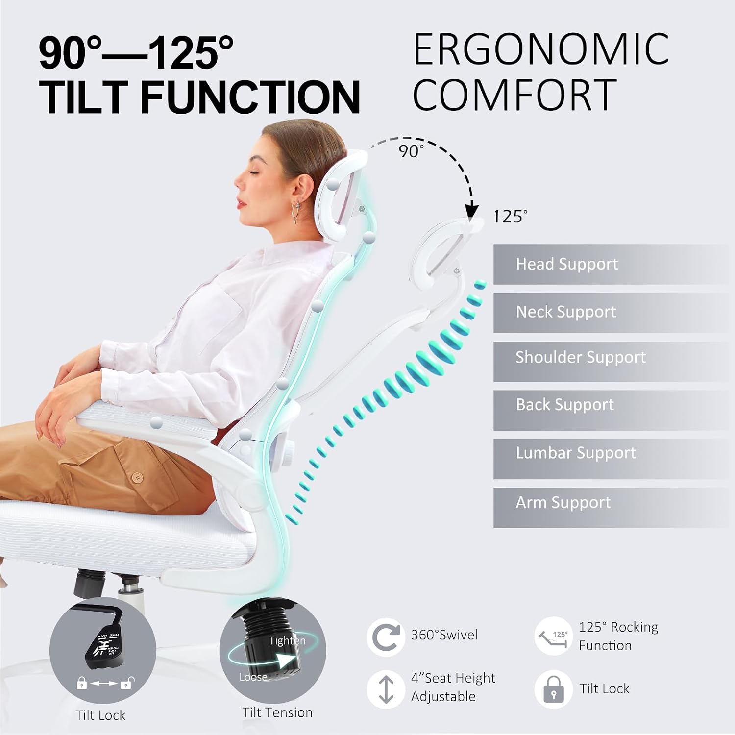 Ergonomic Office Chair,Ultra Thick Office Desk Chair with Adjustable Lumbar Support and Headrest,Spring Cushion,Rocking Function,Flip-up arms,Mesh Computer Chair for Home Office,White
