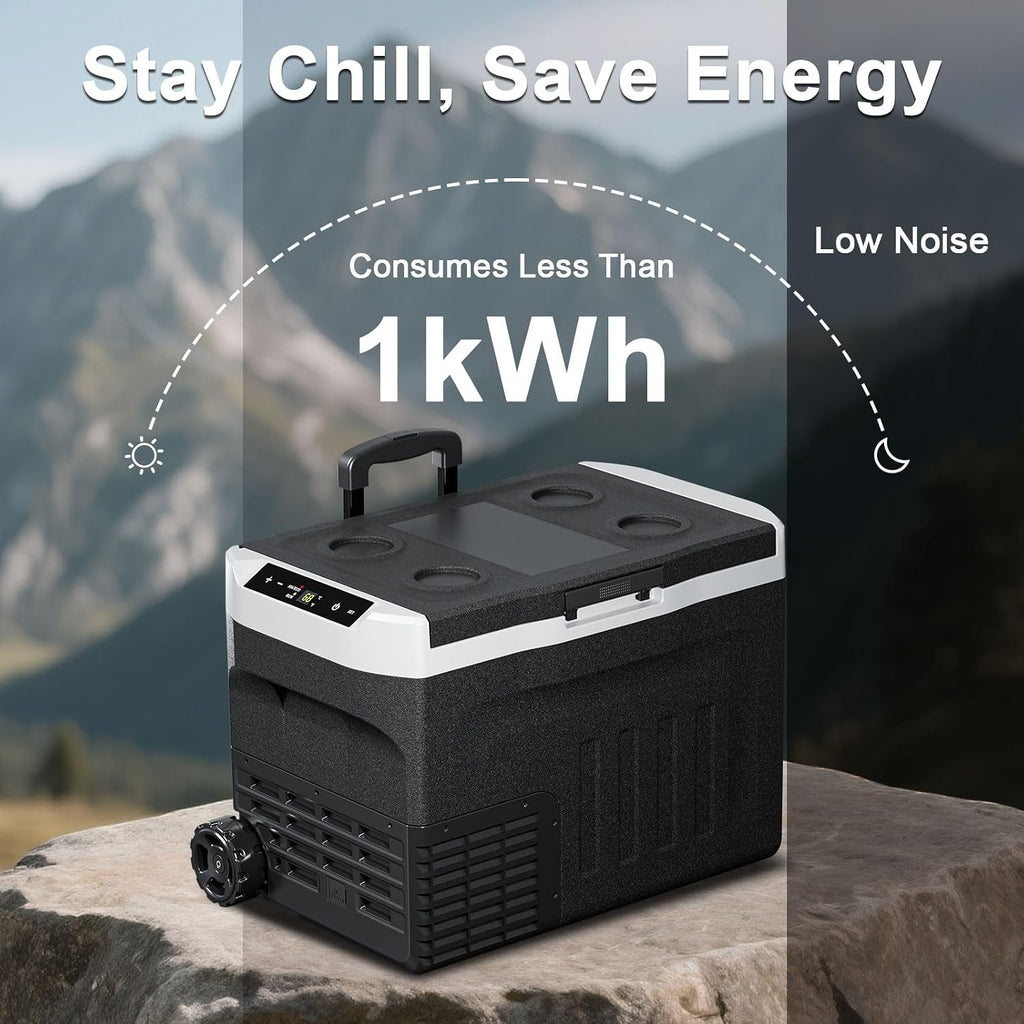 Erivess 12 Volt Portable Refrigerator, 32QT(30L) Electric Cooler, 12/24V DC & 110-240V AC, -4℉~68℉ Dual Mode Portable Freezer, 12V Car Fridge with Pull Rod & Wheels for Camping, Truck, RV, Boat