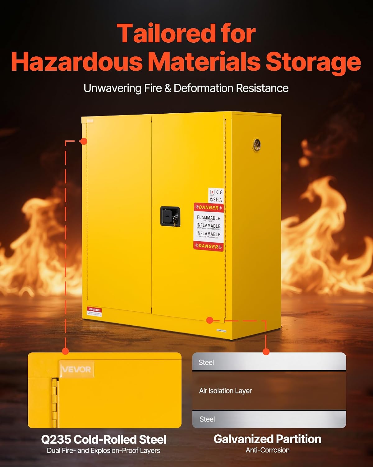 VEVOR Flammable Cabinet 18' x 43' x 46', 29 Gallon Flammable Storage Cabinet with Adjustable Shelf, Cold-Rolled and Galvanized Steel Fire Cabinets, for Commercial Industrial Home Use, Yellow