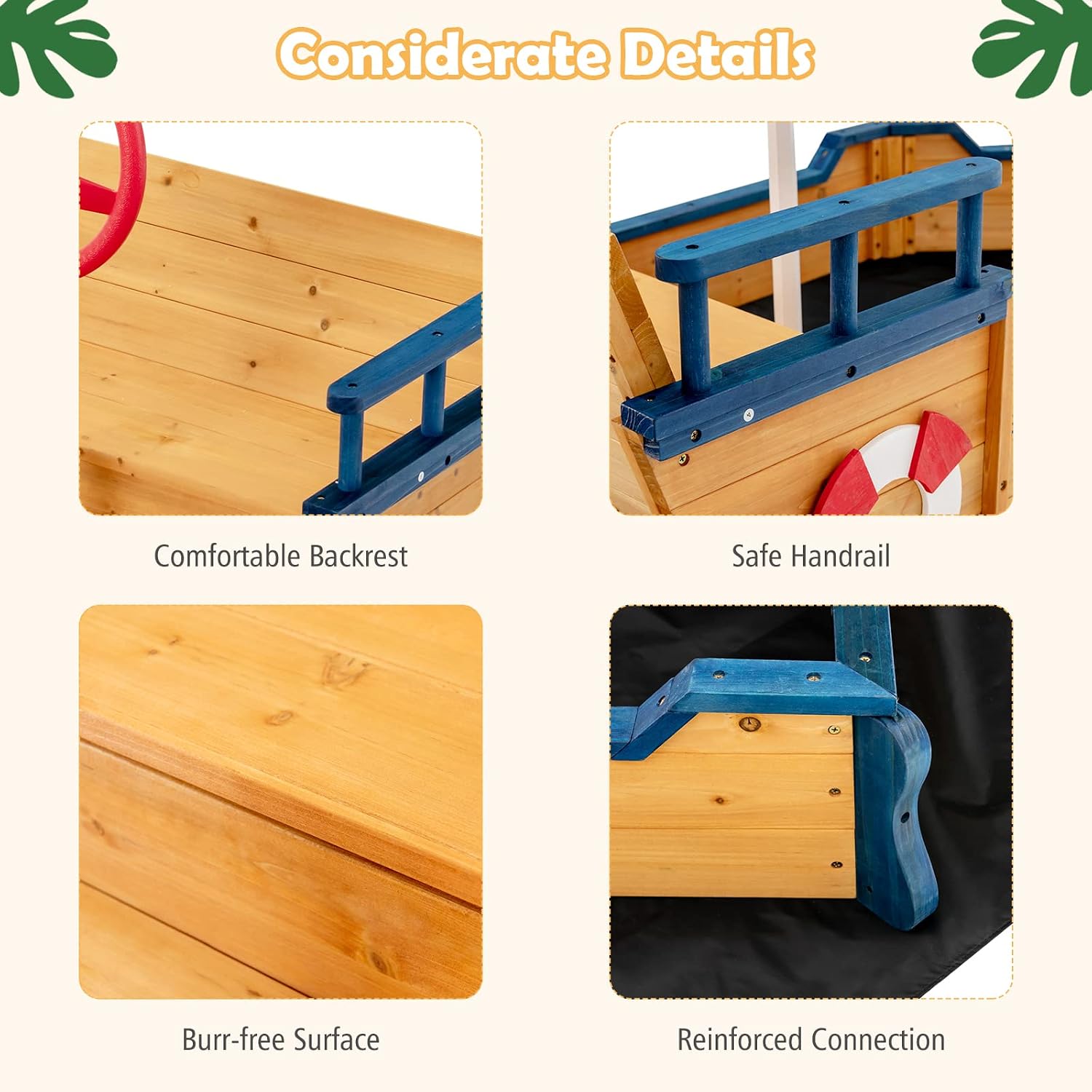 Costzon Pirate Boat Wood Sandbox for Kids, Wooden Pirate Sandpit w/Bench Seat, Storage Space, Ground Liner, Realistic Flag Rudder Buoy, Children Outdoor Playset for Backyard, Home, Lawn, Garden