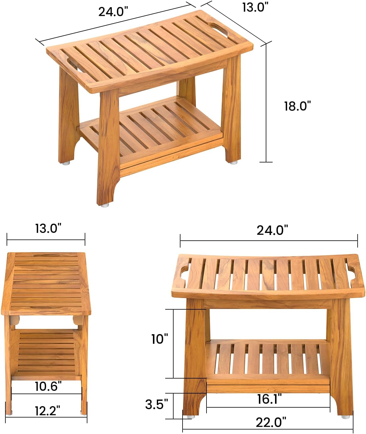 24' Large Teak Shower Bench with Shelf & Handle - Waterproof Spa Stool, Non-Slip Leveling Feet & 300 lbs Capacity - for Showers, Saunas/Steam Rooms & Outdoor Pools (Patented)