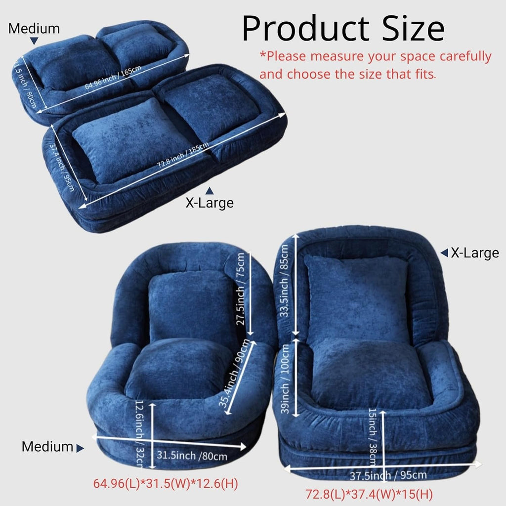 LouannTatami Foldable Lazy Sofa Bed Floor Chair - Adjustable Human Dog Bed for Adults Kids Floor Seats - Cozy Couch for Home Living Room (Blue, Medium)