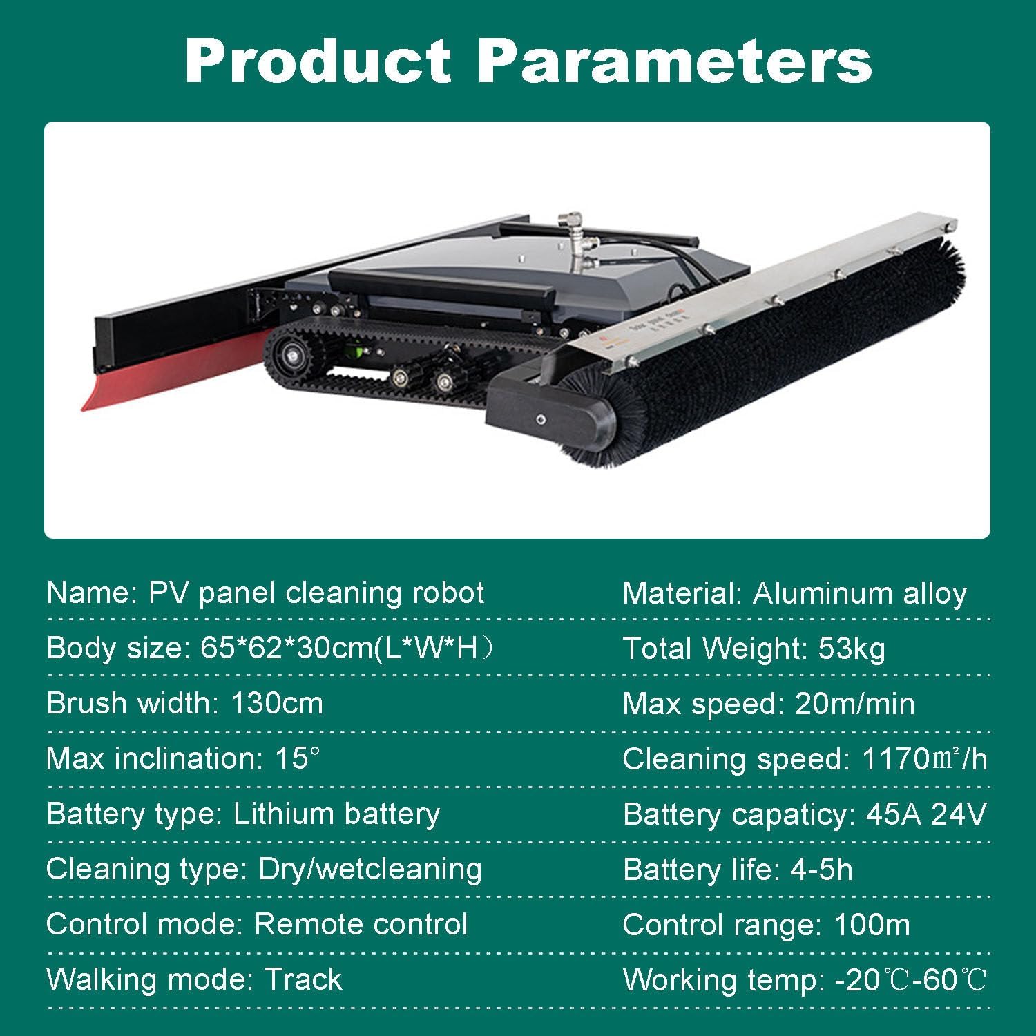 Automatic Solar Panel Cleaning Robot - Dry & Wet Cleaning, 130cm Cleaning Width, 15° Max Incline, Remote Controlled with 100m Hose & Water Pumb for Industrial Solar Maintenance