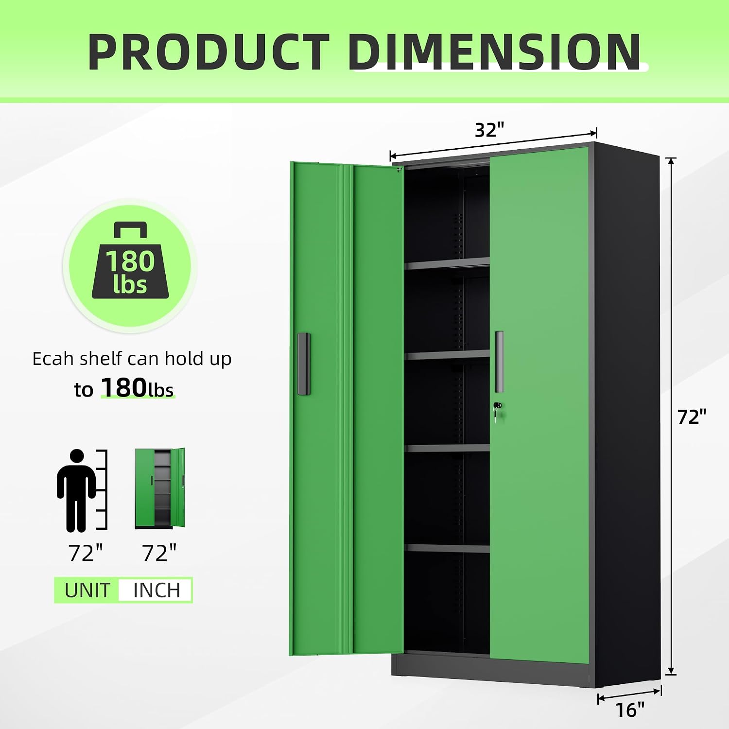 INTERGREAT Metal Storage Cabinet, 72' Locking Steel Cabinets with 2 Door and 4 Adjustable Shelves, Tall Metal Cabinet for Home Office, Garage, Warehouse,(Black+Green)