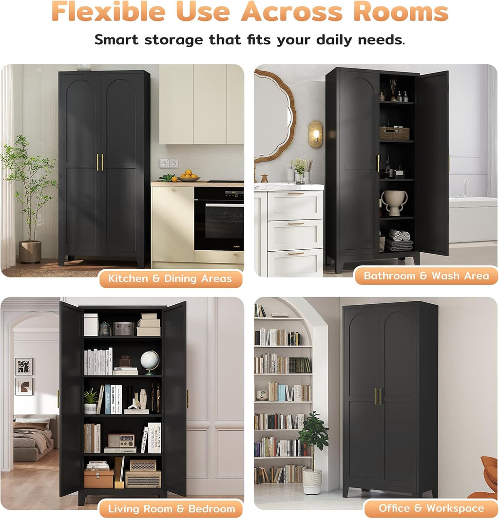 Zevemomo 70.87' H Metal Kitchen Pantry Cabinet, Freestanding Cupboard with 2 Doors and 4 Adjustable Shelves, Tall Metal Storage Cabinet for Kitchen, Bathroom, Dinning Room or Laundry Room （Black）