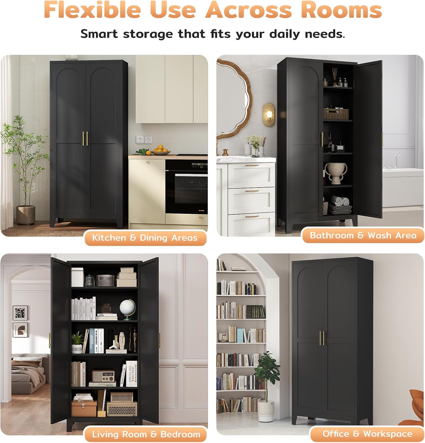 Zevemomo 70.87' H Metal Kitchen Pantry Cabinet, Freestanding Cupboard with 2 Doors and 4 Adjustable Shelves, Tall Metal Storage Cabinet for Kitchen, Bathroom, Dinning Room or Laundry Room （Black）