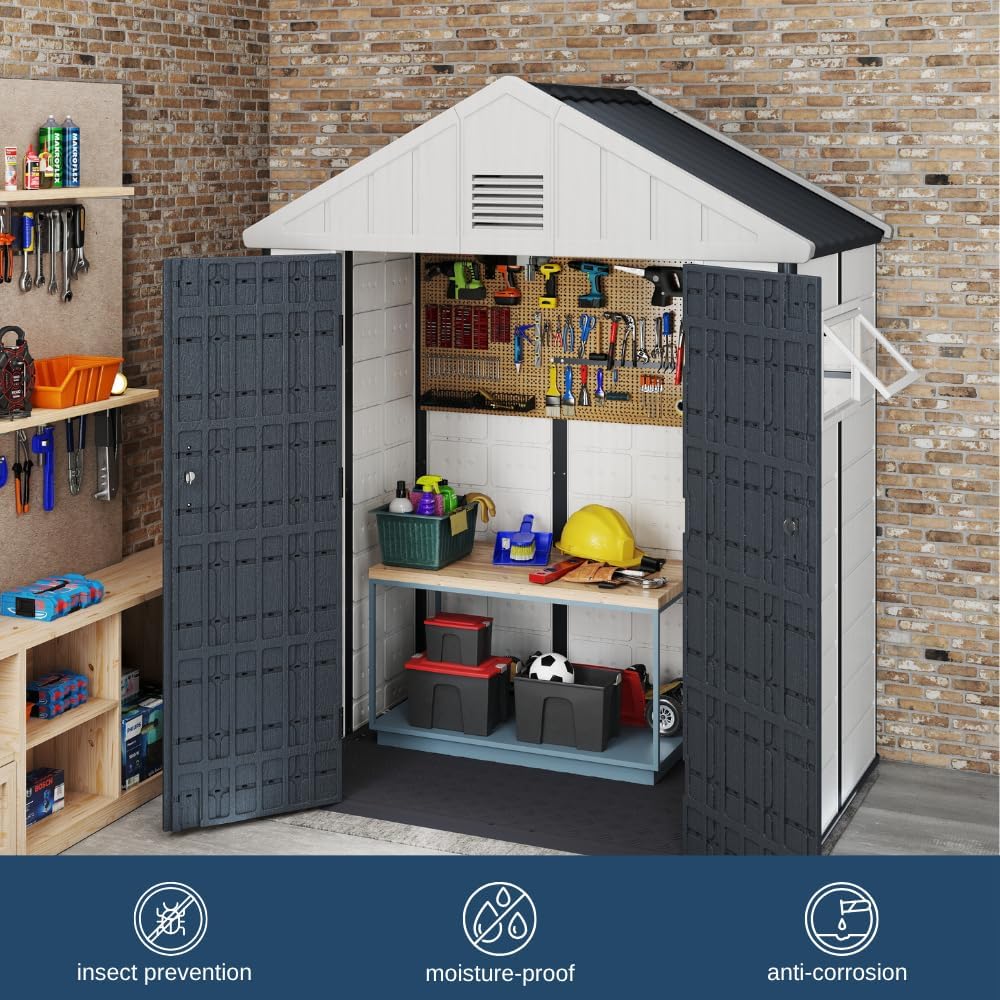 Kingdura 6x4 FT Resin Outdoor Storage Shed with Reinforced Floor, All-Weather Resistant Plastic Garden Outside Bike Tool Shed with Lockable Doors, Window for Backyard Patio Poolside