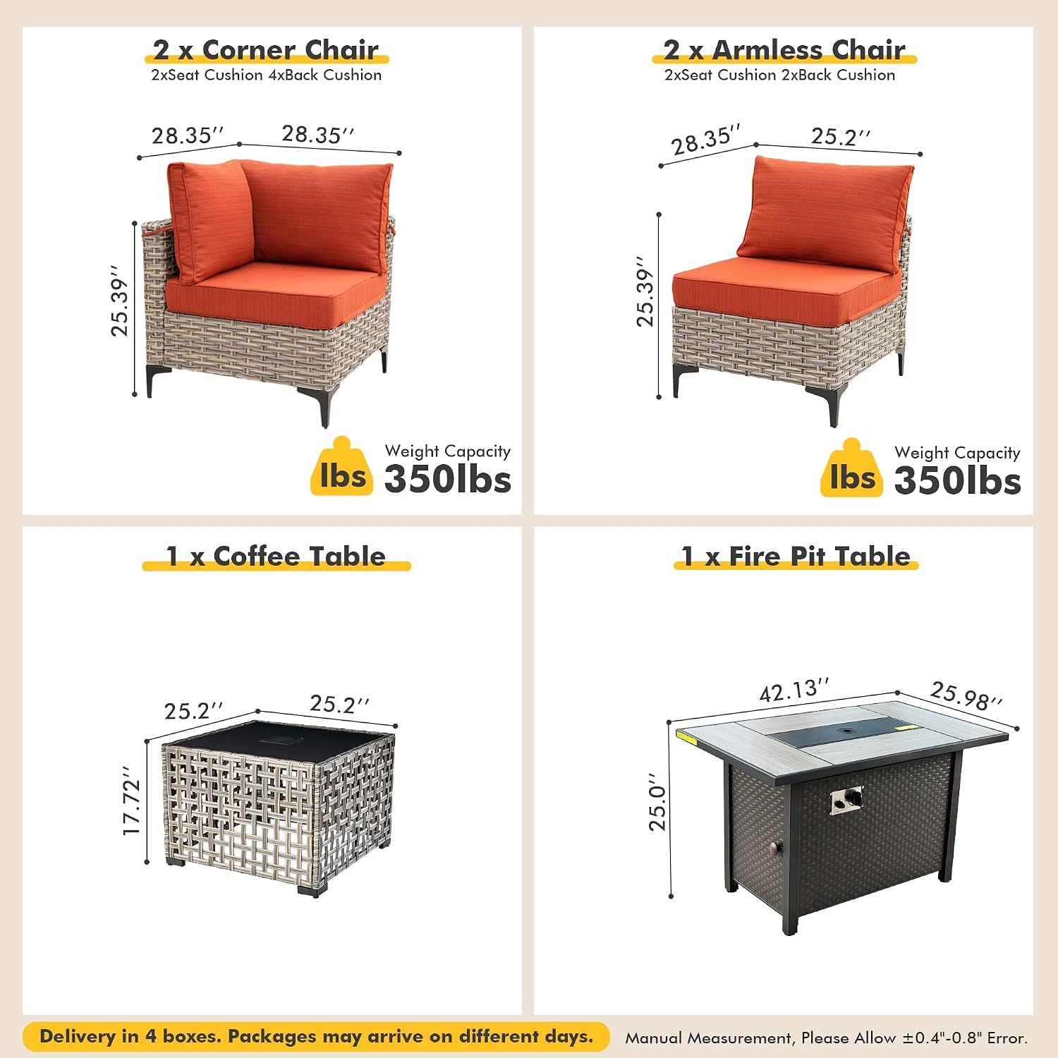 Outdoor Sectional Patio Furniture Set with Fire Pit Table and Glowing Table,6 Pieces Wicker Conversation Sets L Shaped Couch Out Door Sofa Set Outside Furniture for Garden Deck Yard,Orange Red