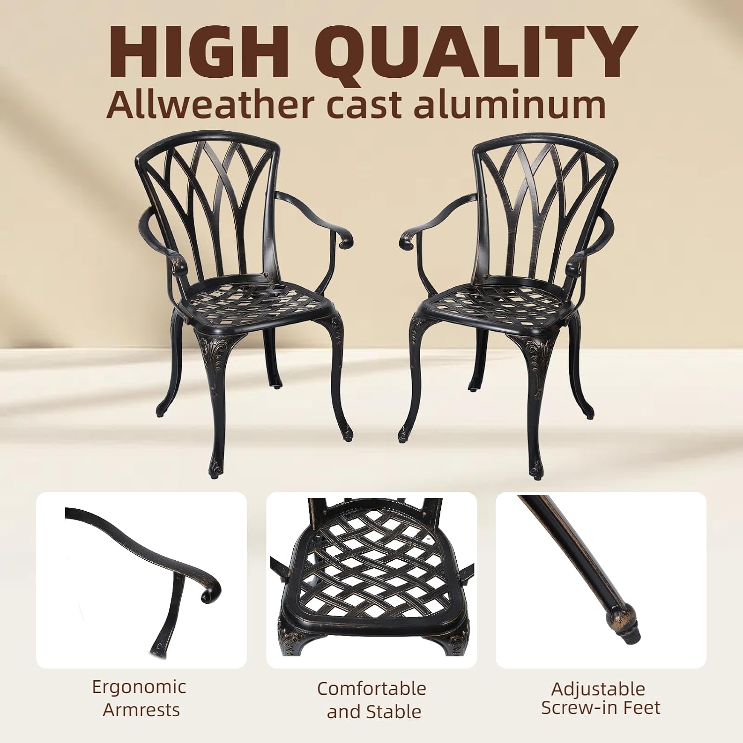 3-Piece Cast Aluminum Patio Bistro Set, Outdoor Rust-Resistant Furniture with 2 Chairs and Table (Bronze)