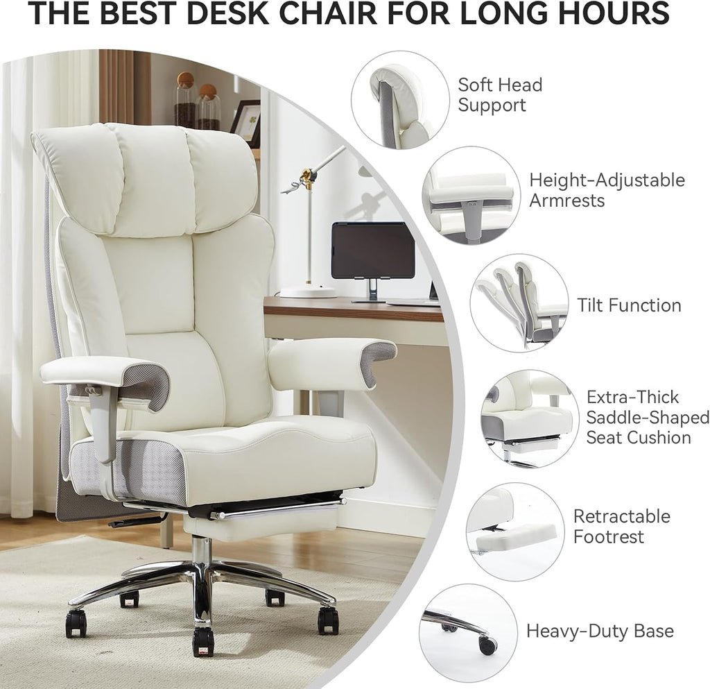 Efomao Big and Tall Office Chair 400lbs - Heavy Duty Executive Desk Chair with Foot Rest & 23' Wide Seat - High Back Ergonomic Leather Computer Chair for Heavy People, Home Office, White
