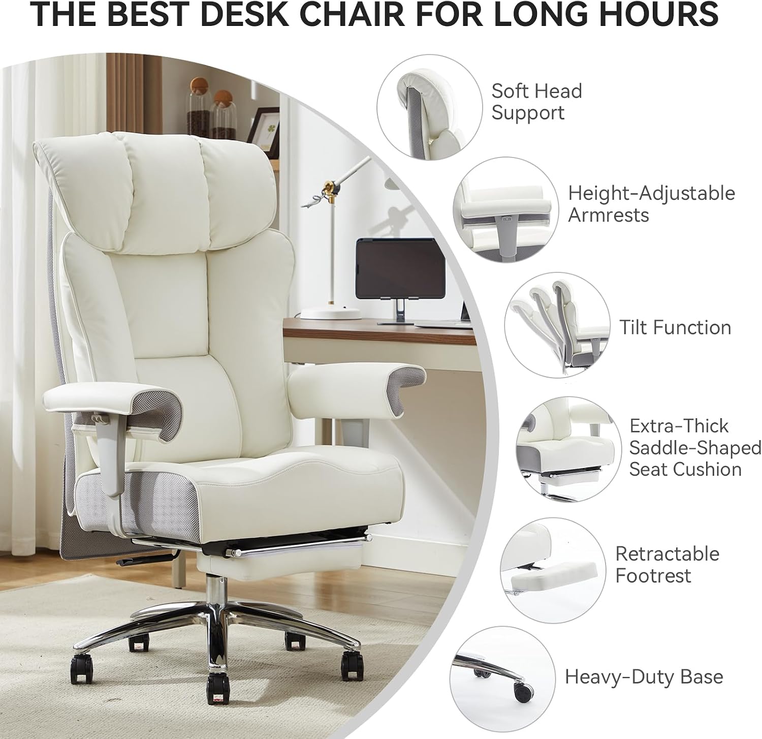 Efomao Big and Tall Office Chair 400lbs - Heavy Duty Executive Desk Chair with Foot Rest & 23' Wide Seat - High Back Ergonomic Leather Computer Chair for Heavy People, Home Office, White