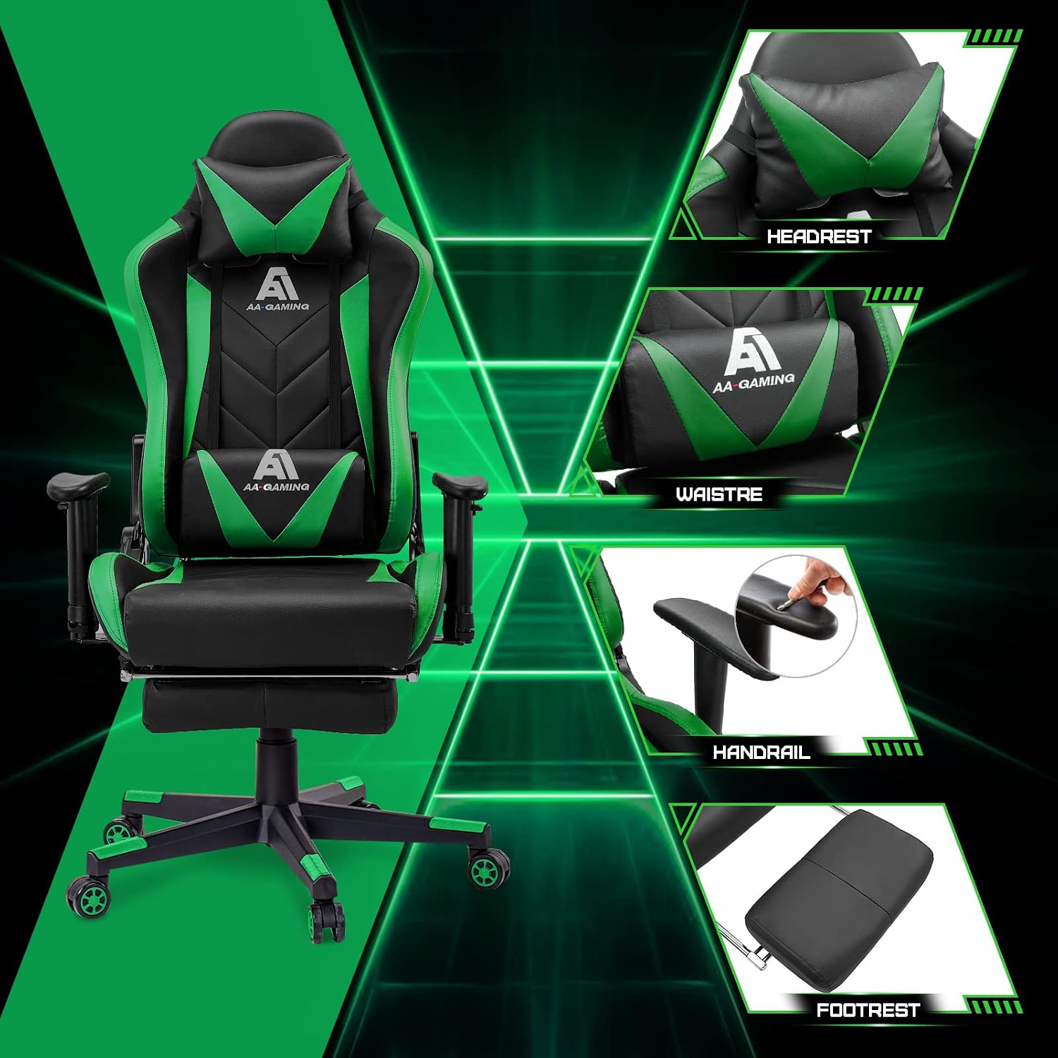 Gaming Chair High Back Ergonomic Computer Racing Chair Adjustable Office Chair with Footrest, Lumbar Support Swivel Chair - Upgraded Version Blackgreen
