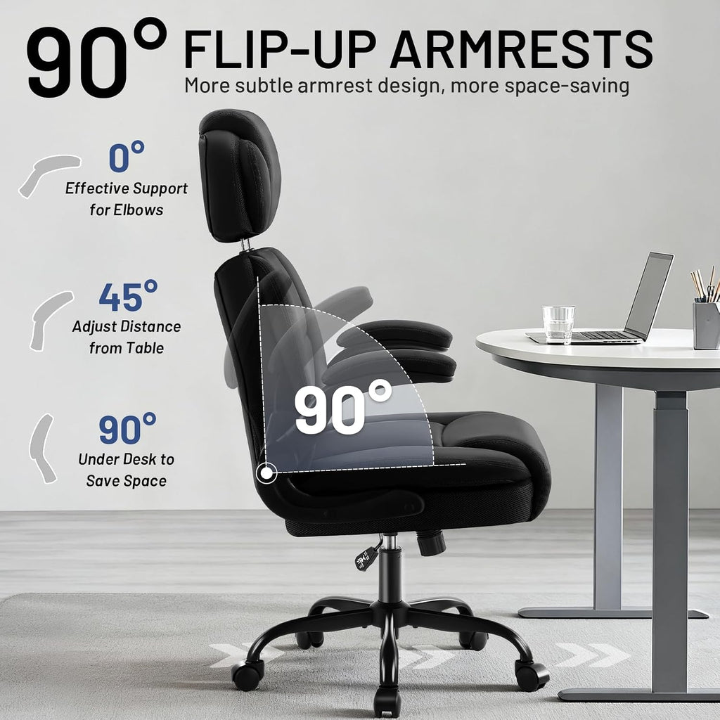 AreShark Ergonomic Office Chair with Lumbar Support, 400lbs Heavy Duty Big and Tall Executive Desk Chair, PU Leather High Back Computer Chair with Flip-Up Arms & Adjustable Headrest, Black