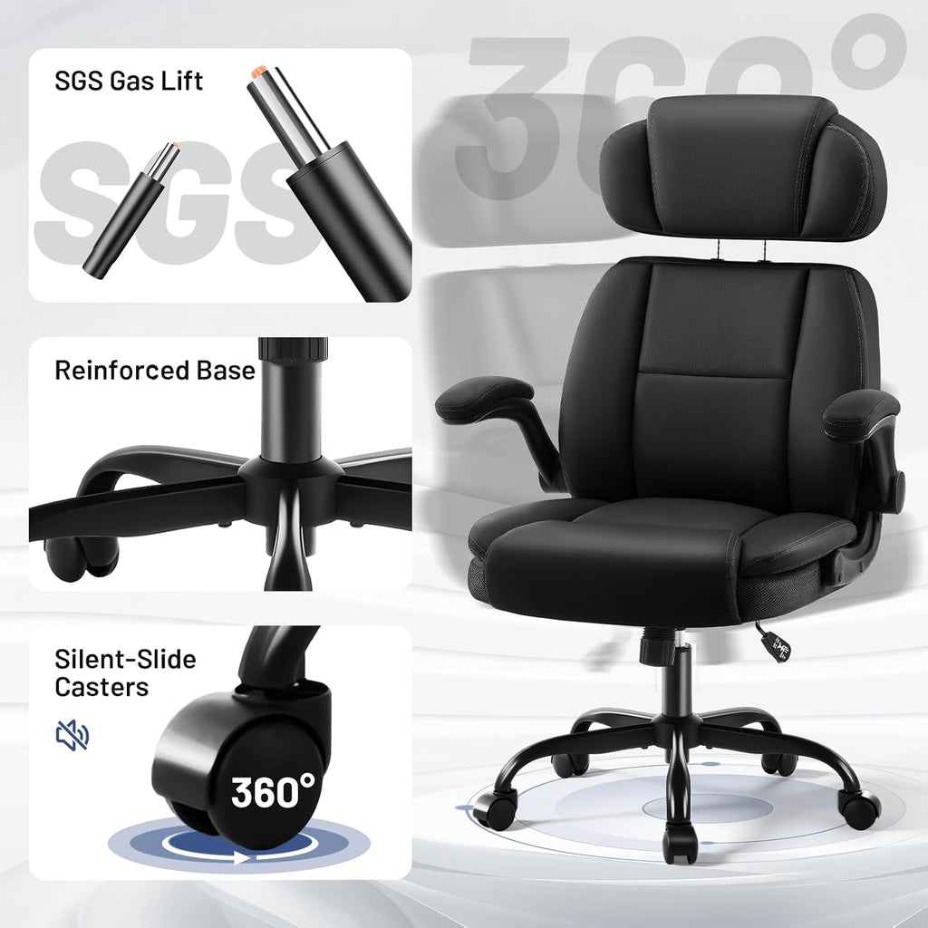 AreShark Ergonomic Office Chair with Lumbar Support, 400lbs Heavy Duty Big and Tall Executive Desk Chair, PU Leather High Back Computer Chair with Flip-Up Arms & Adjustable Headrest, Black