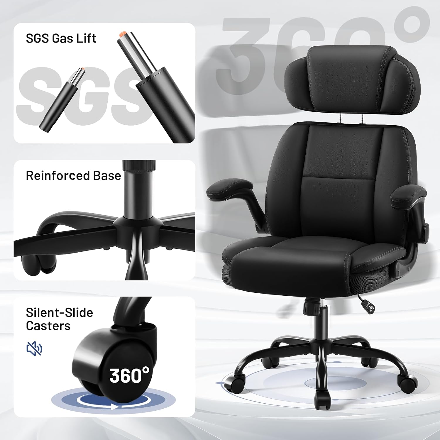 AreShark Ergonomic Office Chair with Lumbar Support, 400lbs Heavy Duty Big and Tall Executive Desk Chair, PU Leather High Back Computer Chair with Flip-Up Arms & Adjustable Headrest, Black
