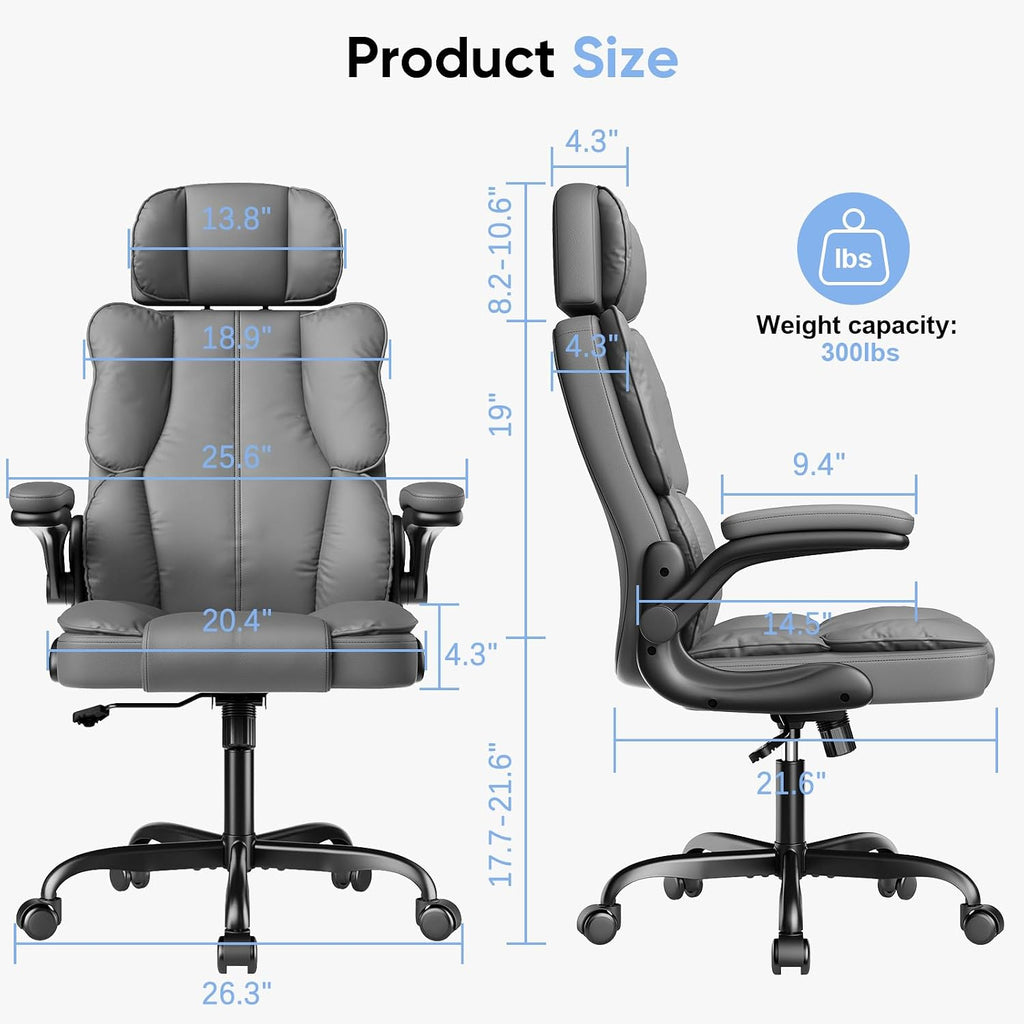Kensaker Ergonomic Executive Office Chair with Adjustable Headrest & 90° Flip-Up Arms, High Back PU Leather Computer Desk Chair with 135° Rocking & Double Padding for Home Office Comfort, Gray