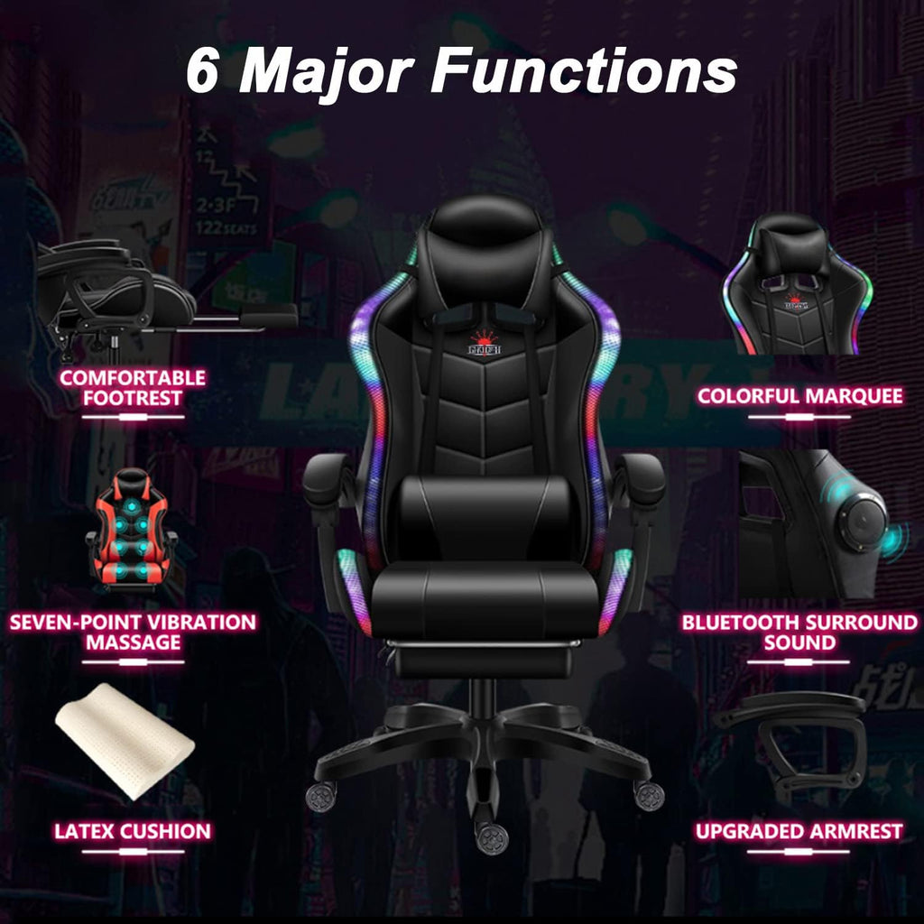 LED Gaming Chair with Speakers, Massage Computer Chair Ergonomic Racing Office Chair PU Leather Recliner Swivel Gamer Chair with Lumbar Support Headrest Armrest and Footrest,Black
