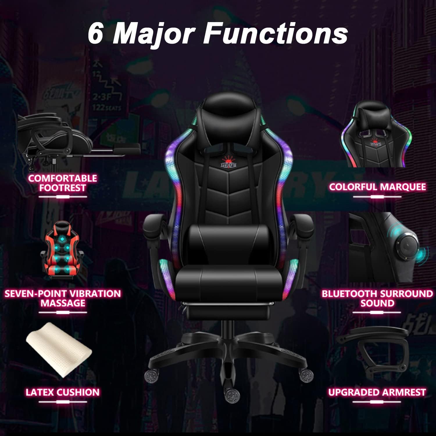 LED Gaming Chair with Speakers, Massage Computer Chair Ergonomic Racing Office Chair PU Leather Recliner Swivel Gamer Chair with Lumbar Support Headrest Armrest and Footrest,Pink