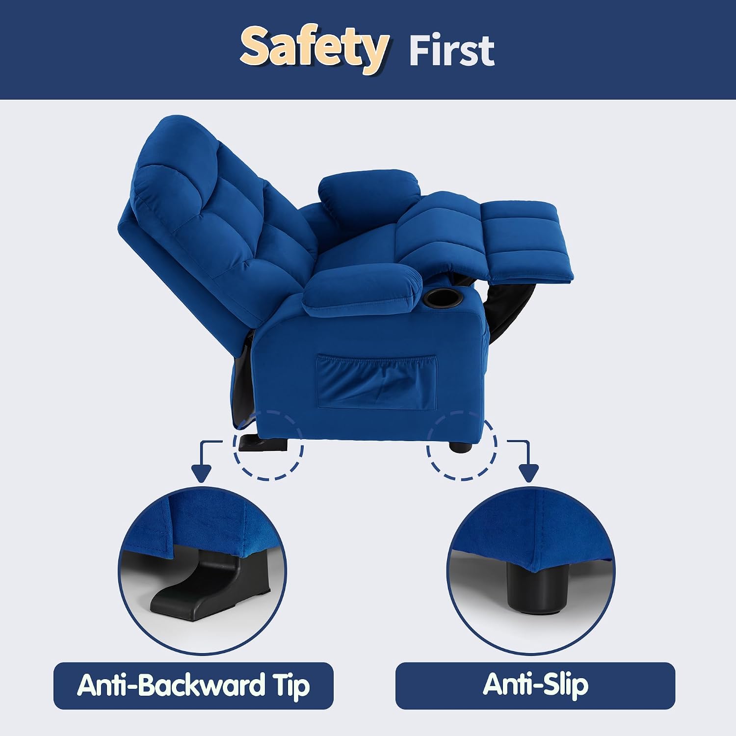 MCombo Big Kids Recliner for Ages 3+, Child Reclining Chair, Toddlers Recliner Sofa with Cup Holders (Velvet, Navy Blue)