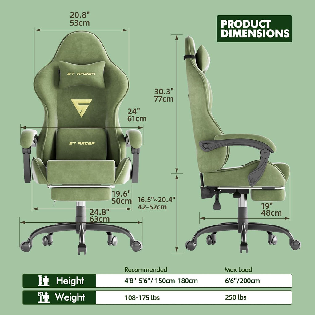 Soontrans Velvet Fabric Gaming Chair with Footrest, Comfortable Video Gamer Chair for Adult, Ergonomic Office Computer Desk Game Chairs with Massage Lumbar Cushion,Headrest