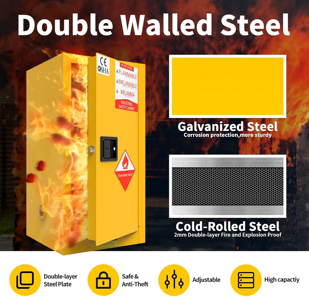 Flammable Cabinet, 18 Gallon Hazardous Storage Cabinets, Galvanized Steel Safety Storage Cabinet, Adjustable Shelf Fireproof Cabinet, for Commercial Industrial and Home Use, Yellow, 35H x 18W x 18.2D