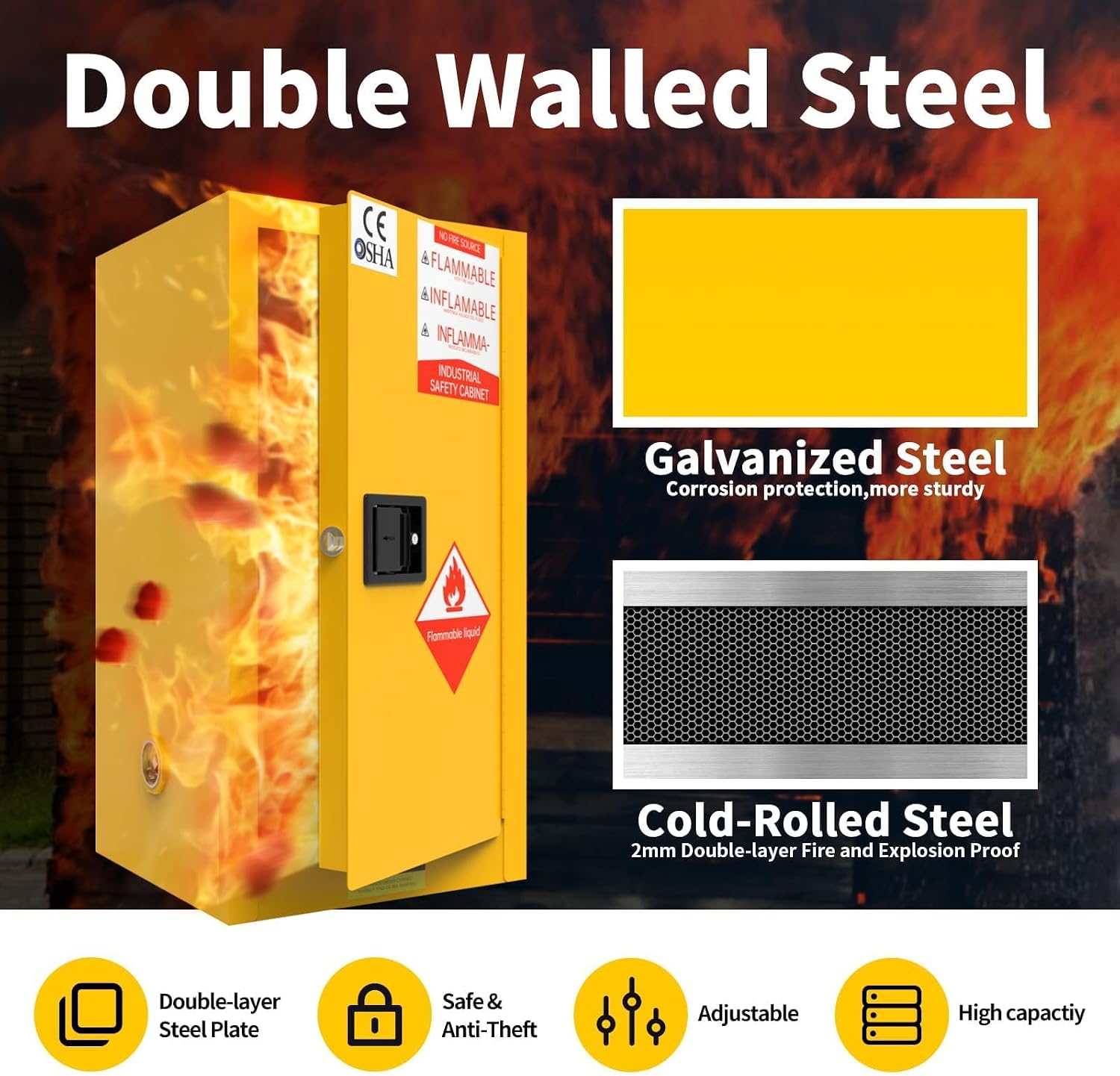 Flammable Cabinet, 18 Gallon Hazardous Storage Cabinets, Galvanized Steel Safety Storage Cabinet, Adjustable Shelf Fireproof Cabinet, for Commercial Industrial and Home Use, Yellow, 35H x 18W x 18.2D
