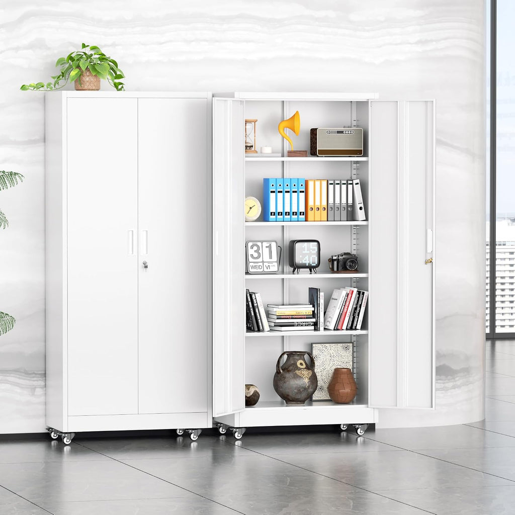 Superday Garage Storage Cabinet with Wheels，73' H Metal Storage Cabinet with Doors and Adjustable Shelves, Lockable Steel Utility Tool Cabinets for Garage, Home Office, Kitchen(White)