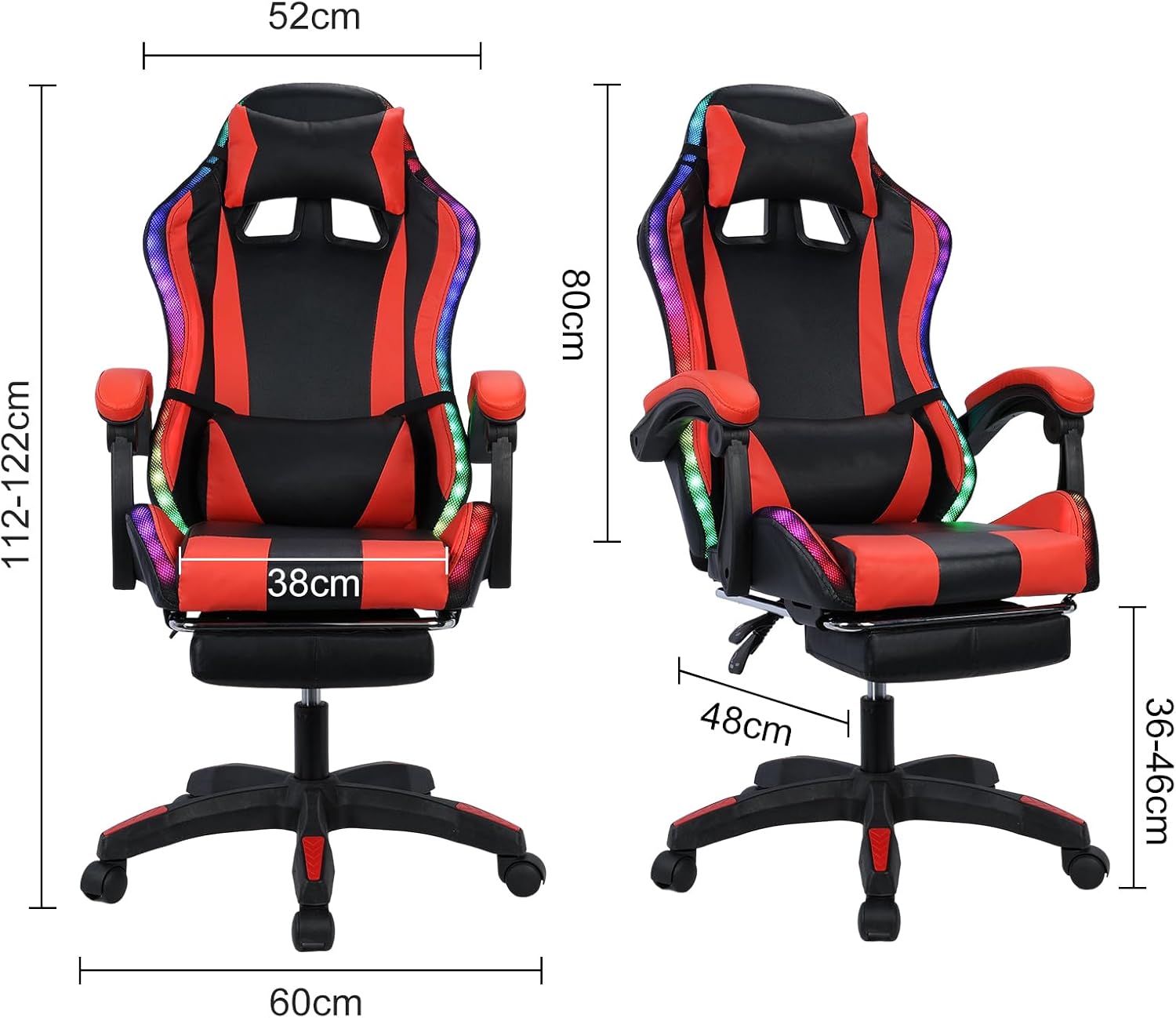 Gaming Chair,Gaming Chairs with Footrest, Led Gaming Chairs with RGB Lights,Comfortable Massage Gaming Chair,Ergonomic Game Chai rfor Adults,Video Game Chairs with High Back Lumbar Support (RED)