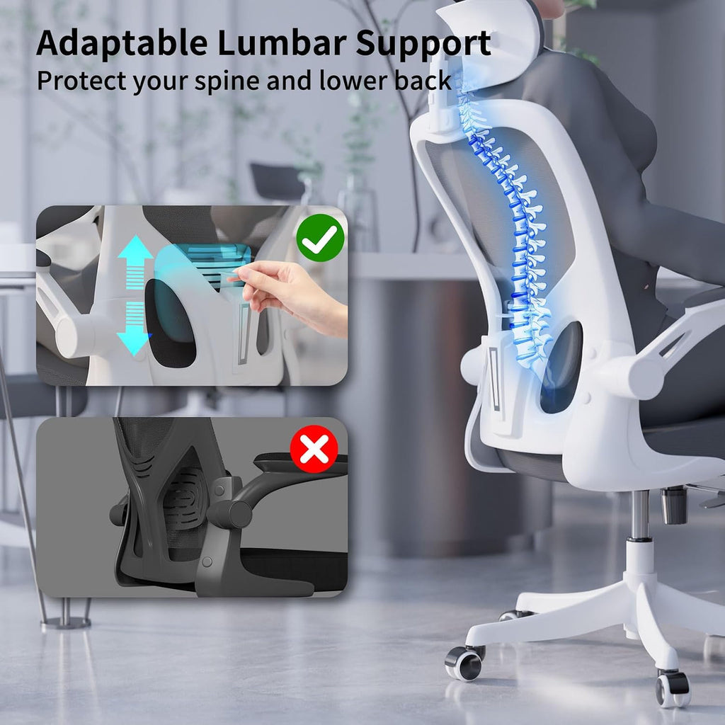 Monhey Ergonomic Office Chair, 90°-125° Tilt Back Home Desk Chair with 360° Swivel & Mute Wheels, High Back Mesh Computer Chair for Adults with Lumbar Support, 330 LBS Capacity(02White+Grey)