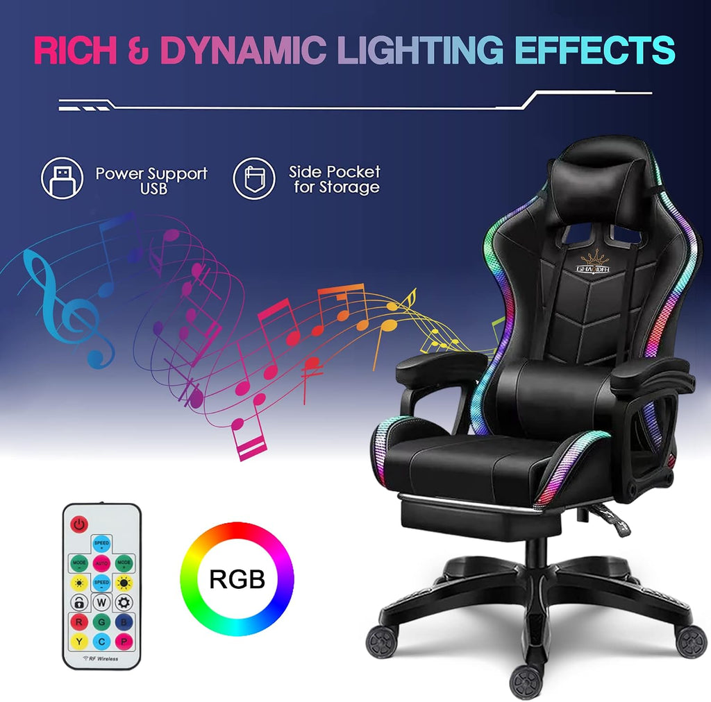 XOOFMASS Massage Gaming Chair with Speakers & RGB LED Lights Ergonomic Computer Gaming Chair with Footrest Music Video Game Chair High Back with Lumbar Support 360° Swivel & Height Adjustable,White