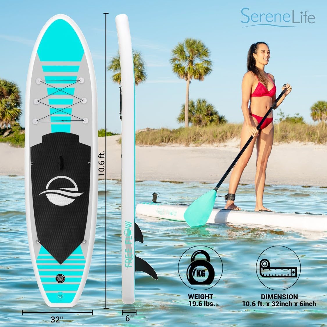 SereneLife Inflatable Stand Up Paddle Board and Detachable Seat - SUP Paddleboard Set for Adults and Youth, 32' Wide Design with Non-Slip EVA Deck Pad and Marine-Grade Materials, 350 lbs Capacity