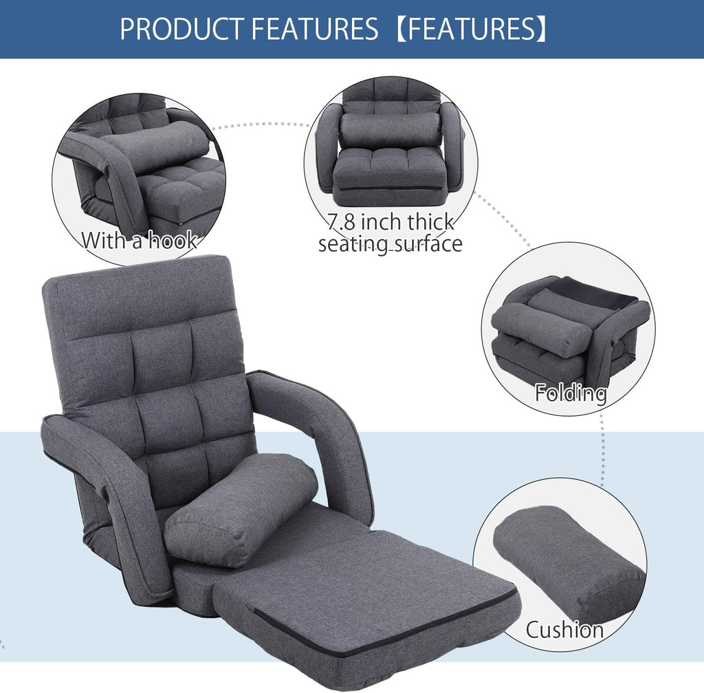 14-Position Adjustable Floor Chair, Chaise Lounge Indoor, Folding Lazy Sofa with Armrests and a Pillow Padded Adults Gaming Chairs for Living Room, Bedroom Factory Price,8803 (Grey)