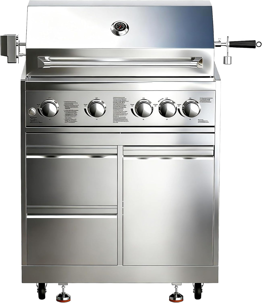 BODEGA 30 Inch Propane Gas Grill, 4x12000-BTU Gas Grill & 1x10000-Infrared Back Burner, Stainless Steel 5-Burner Propane Grill for Outdoor Kitchen, Rotisserie Chicken Fork Kit | Backyard BBQ, Camping.