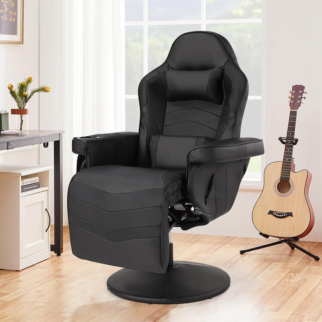 Massage Gaming Recliner Chair with Cup Holder & Side Pockets – Ergonomic PU Leather Video Gaming Chair with Footrest, Manual Recline, Headrest & Lumbar Support for Office or Game Room (Black)