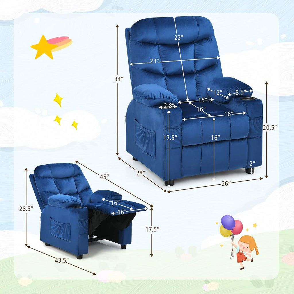 MAT EXPERT Kids Recliner, Velvet Adjustable Reading Chair w/ 2 Cup Holder, 3 Side Pocket Storage & Footrest, Kids Couch Gaming Chair, Toddler Lounge Chair for Boys Girls, Kids Room Playroom (Blue)