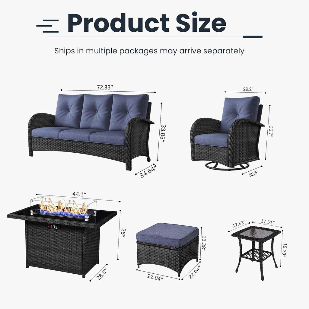 7 Pieces Patio Furniture Sets with Fire Pit Table, Wicker Rattan High Back Outdoor Swivel Rocking Chairs Set with 3-Seat Couch, Ottomans and Side Table