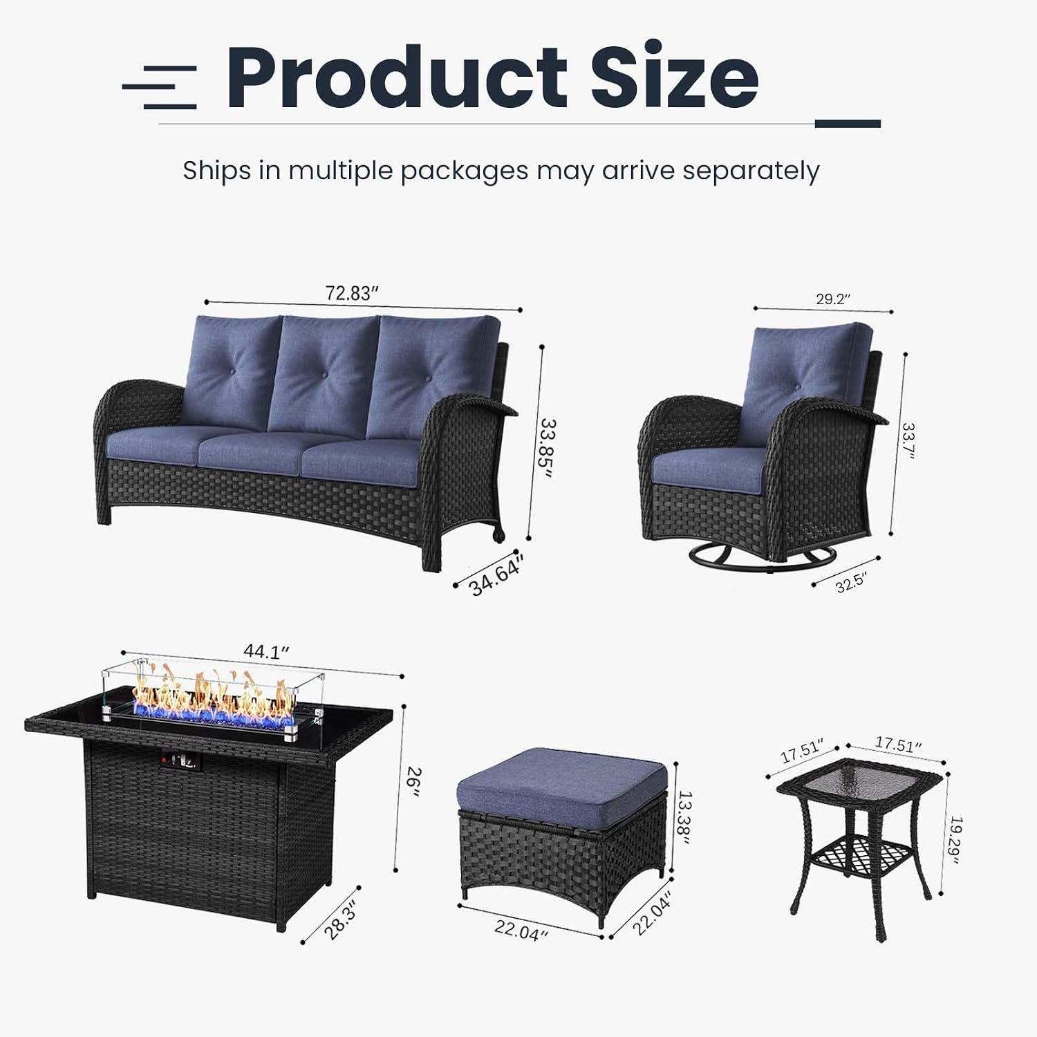 7 Pieces Patio Furniture Sets with Fire Pit Table, Wicker Rattan High Back Outdoor Swivel Rocking Chairs Set with 3-Seat Couch, Ottomans and Side Table