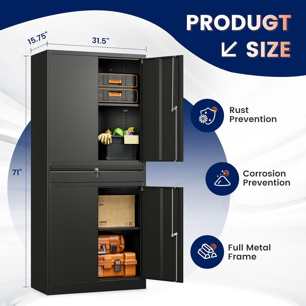 Yizosh Metal Garage Storage Cabinet with Locking Doors and Adjustable Shelves, 71' Tool Storage Cabinet with 1 Drawer for Garage,Warehouse (Black)