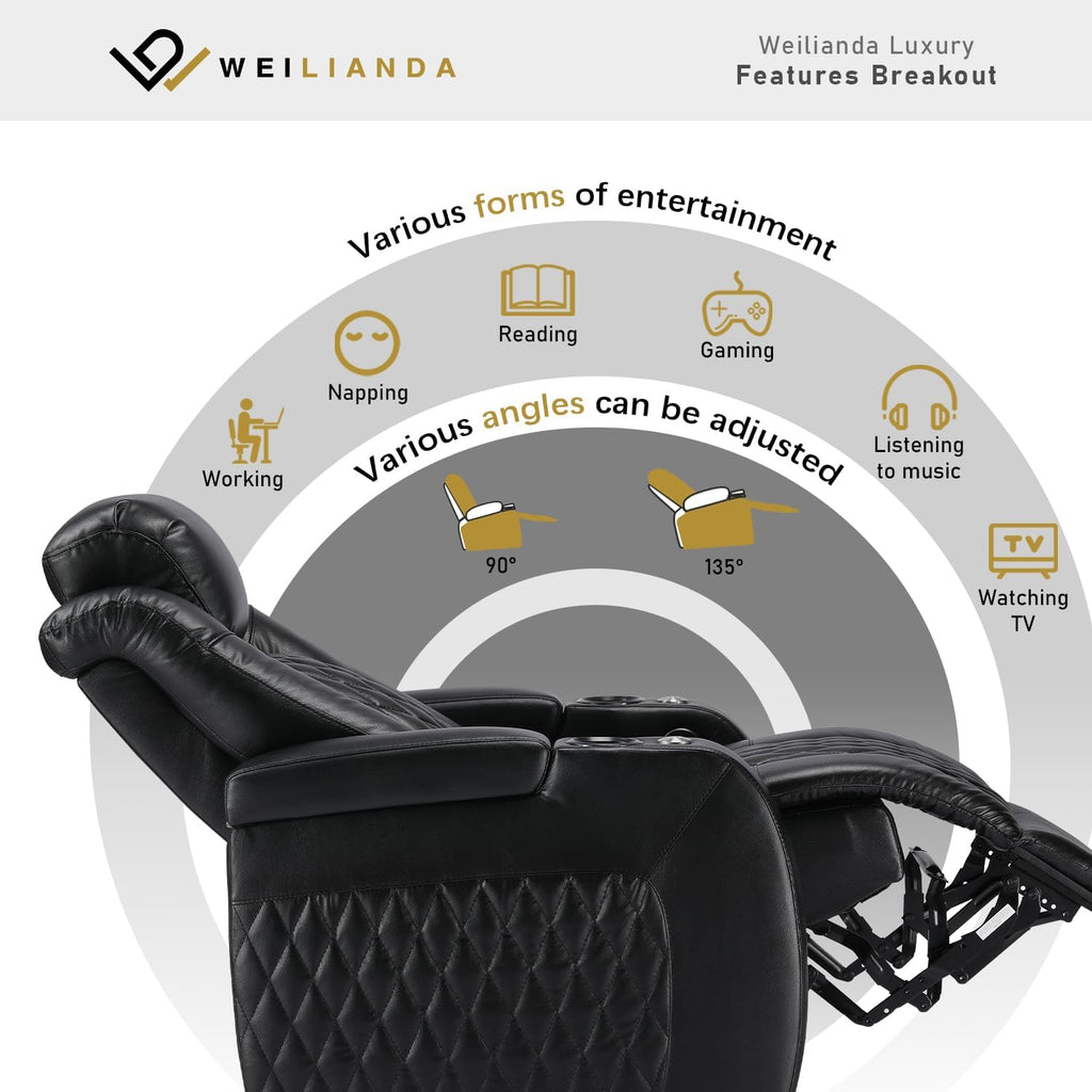 Weilianda Home Theater Seating Top Grain Leather Zero Gravity Recliner Chair Power Headrest Recline Movie Seat Gaming 7 Colors Mood Light Sofa with Tray Table USB Charge Row of 3 Loveseat Left Black