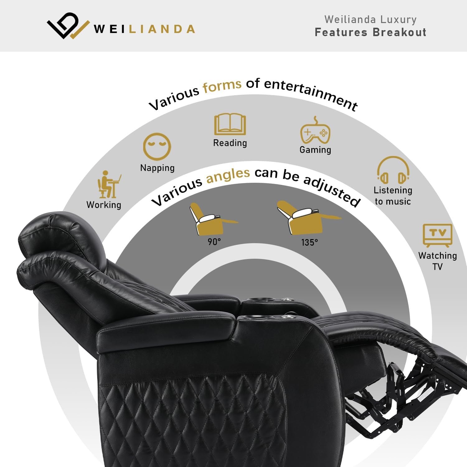 Weilianda Home Theater Seating Top Grain Leather Zero Gravity Recliner Chair Power Headrest Recline Movie Seat Gaming 7 Colors Mood Light Sofa with Tray Table USB Charge Row of 3 Loveseat Left Black