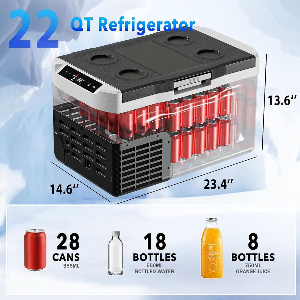 DOGHLY 12 Volt Refrigerator, 22QT Portable Cooler -4℉-68℉, Compressor Car Fridge 12V/24V DC & 110-240V AC, Electric Cooler for Truck, RV, Camper, SUV, Travel, Camping & Road Trips (22QT)