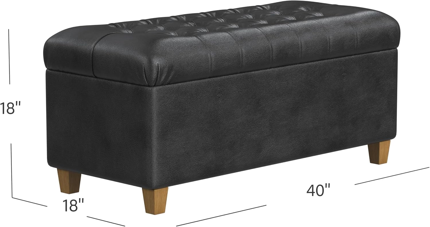 Homepop Home Decor | Button Tufted Storage Bench | Ottoman Bench with Storage for Living Room & Bedroom, Black Faux Leather