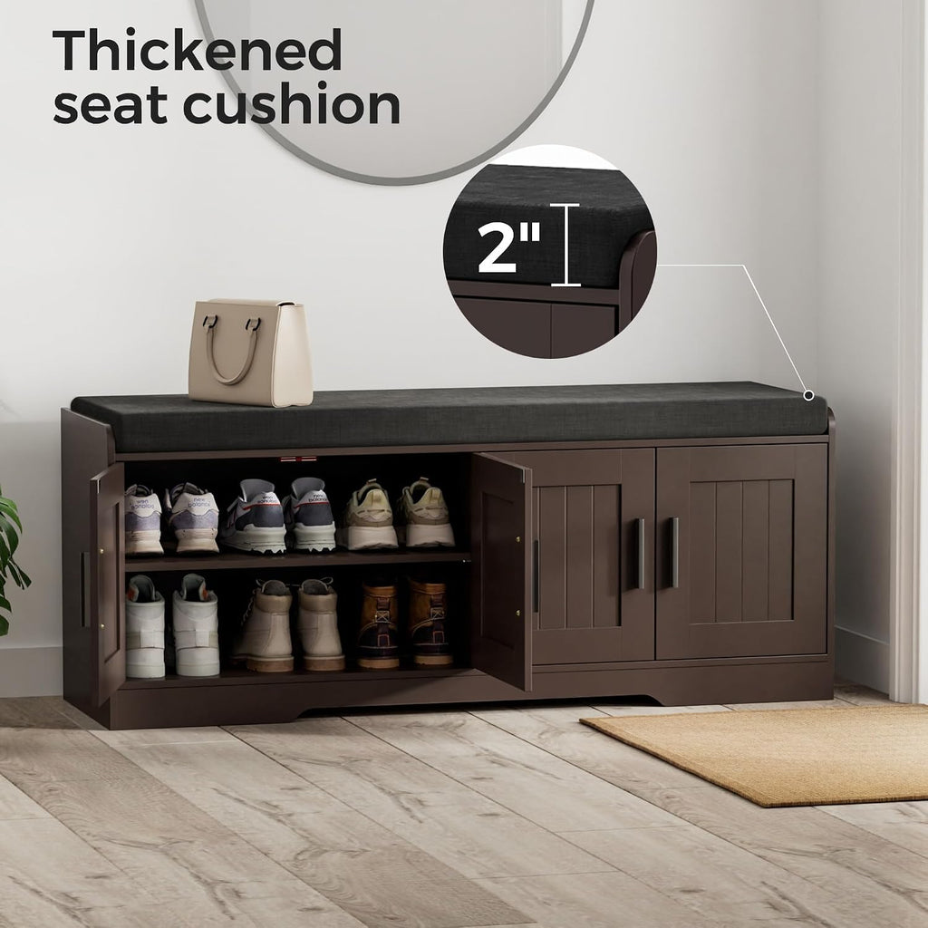 Homleke 2-Tier Storage Bench, Shoe Bench with Thickened Padded Seat Cushion, Entryway Bench with 4 Doors, Adjustable Shelf, 13.8' D x 45.3' W x 18.5' H, for Entryway, Living Room, Bedroom, Brown