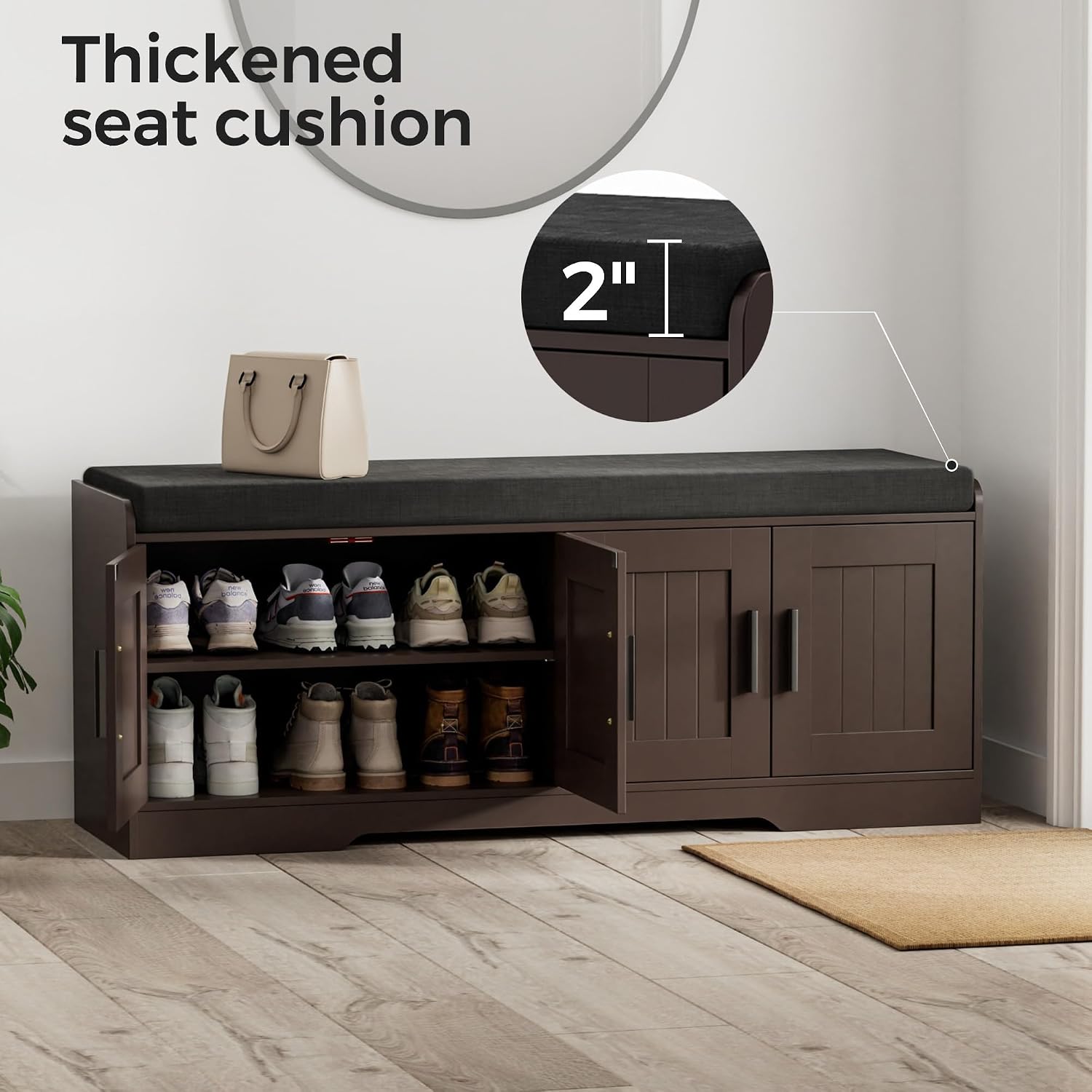 Homleke 2-Tier Storage Bench, Shoe Bench with Thickened Padded Seat Cushion, Entryway Bench with 4 Doors, Adjustable Shelf, 13.8' D x 45.3' W x 18.5' H, for Entryway, Living Room, Bedroom, Brown